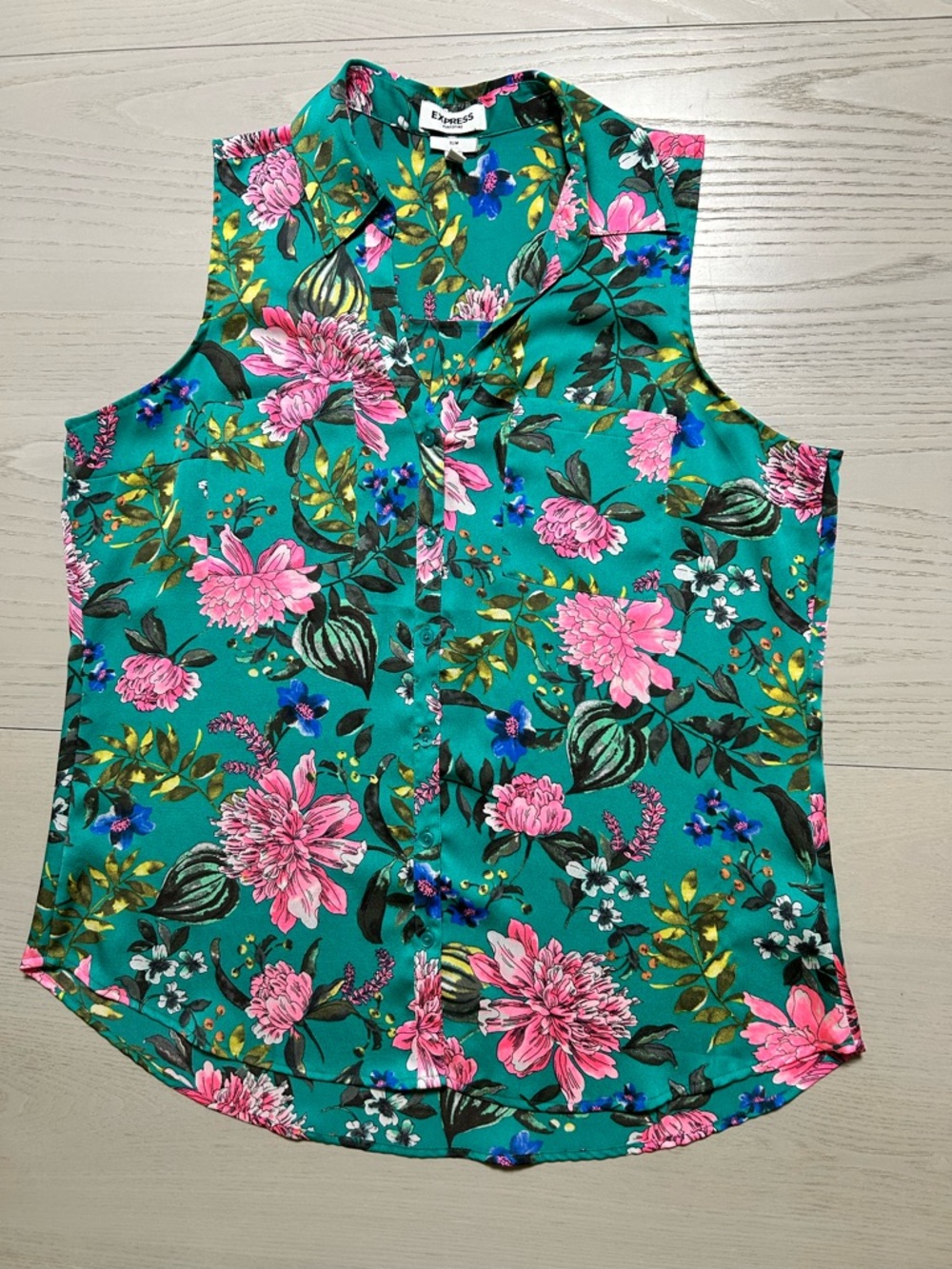 Gorgeous Express Teal Floral Silky Sleeveless Button-Front (Large SLIM)